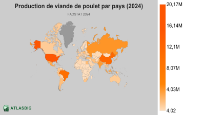 Production de viande de poulet par pays (2024) Thumbnail